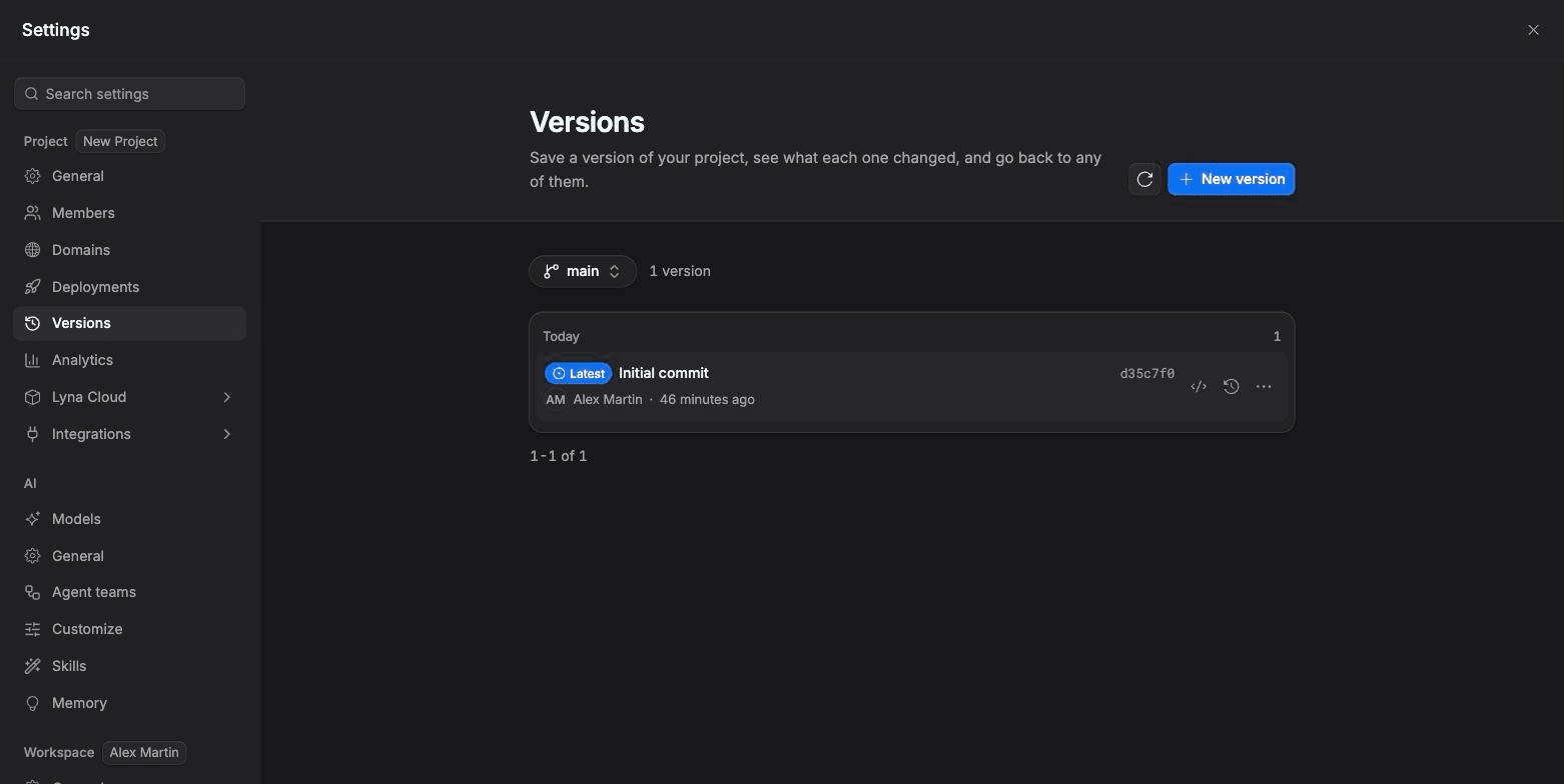 Settings open on Versions with a list of saved versions and the New version button.
