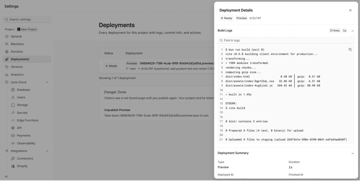 The Deployment Details panel with the build log, the summary, the URLs and the security scan.