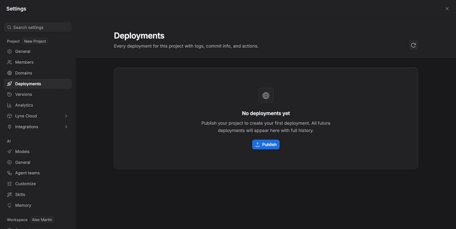 The Deployments page with a list of deployments, their status, duration, security score and the actions menu.