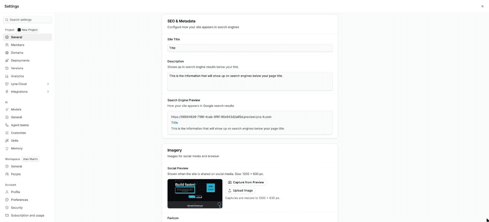 The General page of project settings on SEO & Metadata, with the site title, the description and the search engine preview.