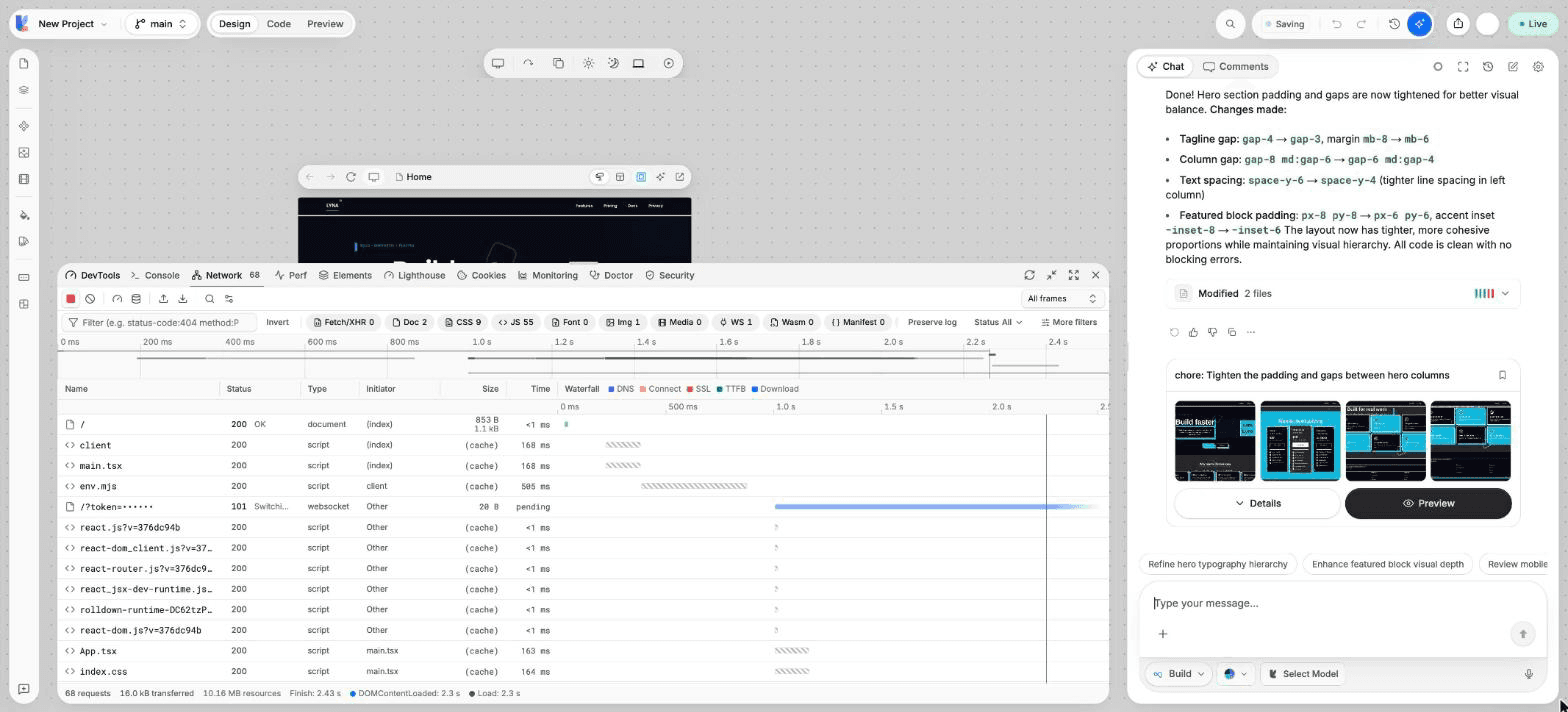 The DevTools panel open under the canvas on the Network tab, with the request list, type filters and the Headers detail of one request.
