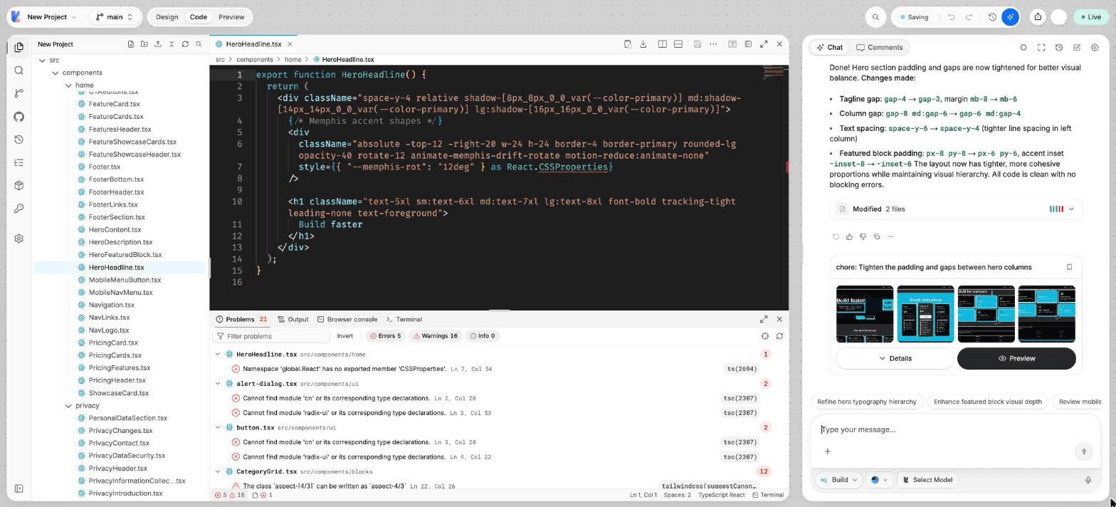The bottom panel on the Problems tab with errors and warnings grouped by file, the level filters, Run check, and Fix with AI on one problem.
